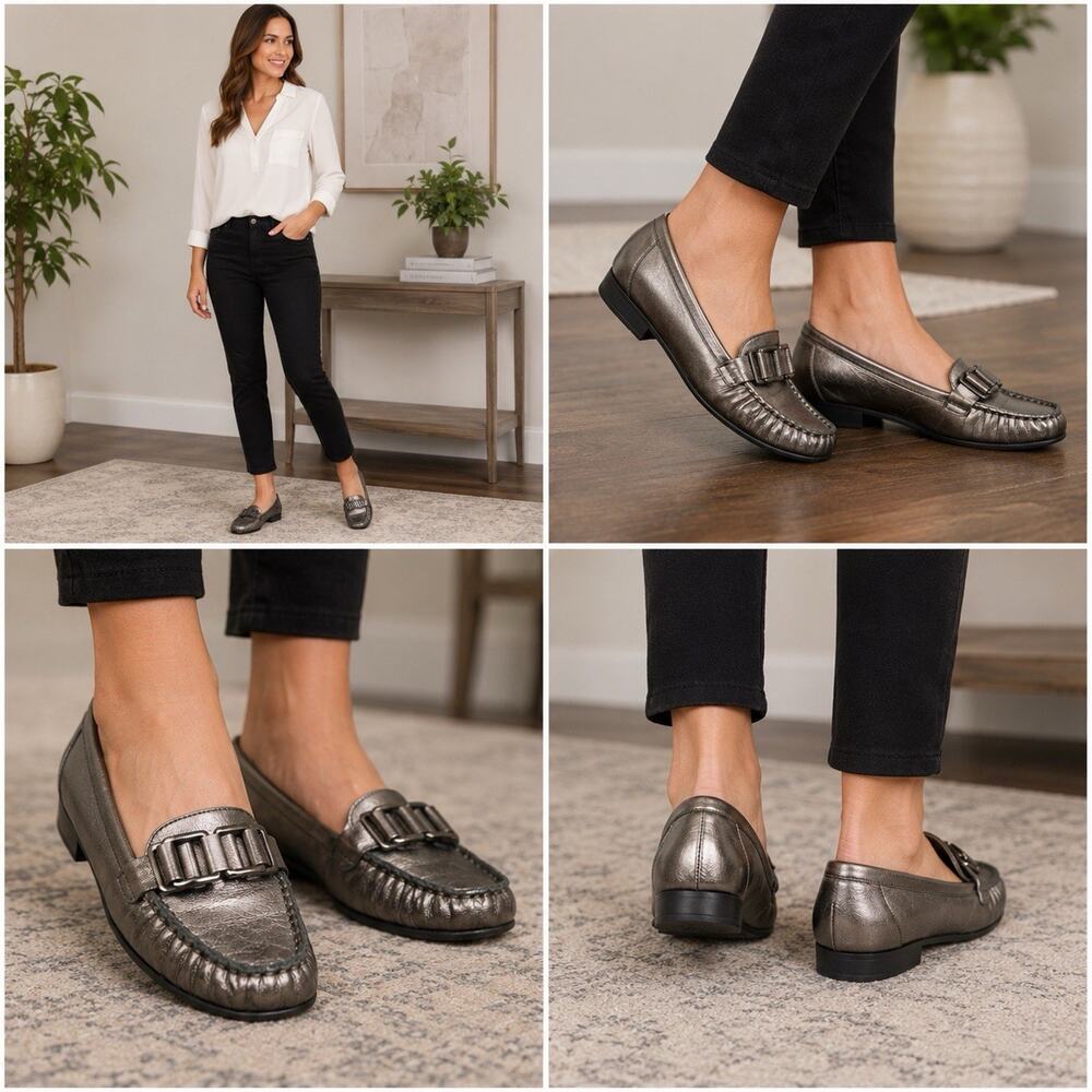 Alfani Pewter Leather Loafers Women’s Size 7M Slip On Moc Toe Comfort Shoes